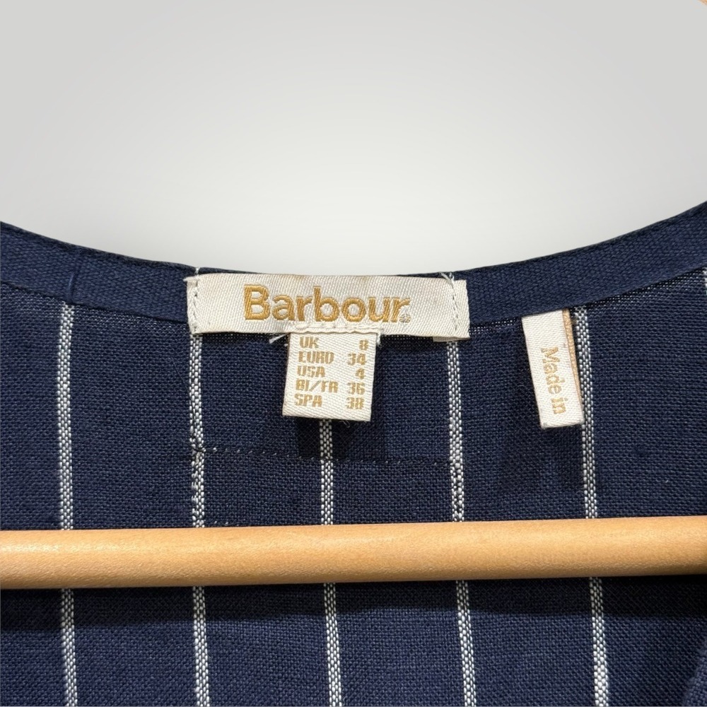 Barbour Marina Fogle Wickham Dress Navy Blue Pinstripe 100% Linen Midi Womens 4 - Picture 3 of 9